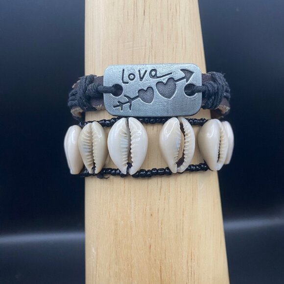 Shell Necklace 2 Bracelet Lot Cowrie Love Leather Two Tone Boho Festival Beach - Picture 4 of 8